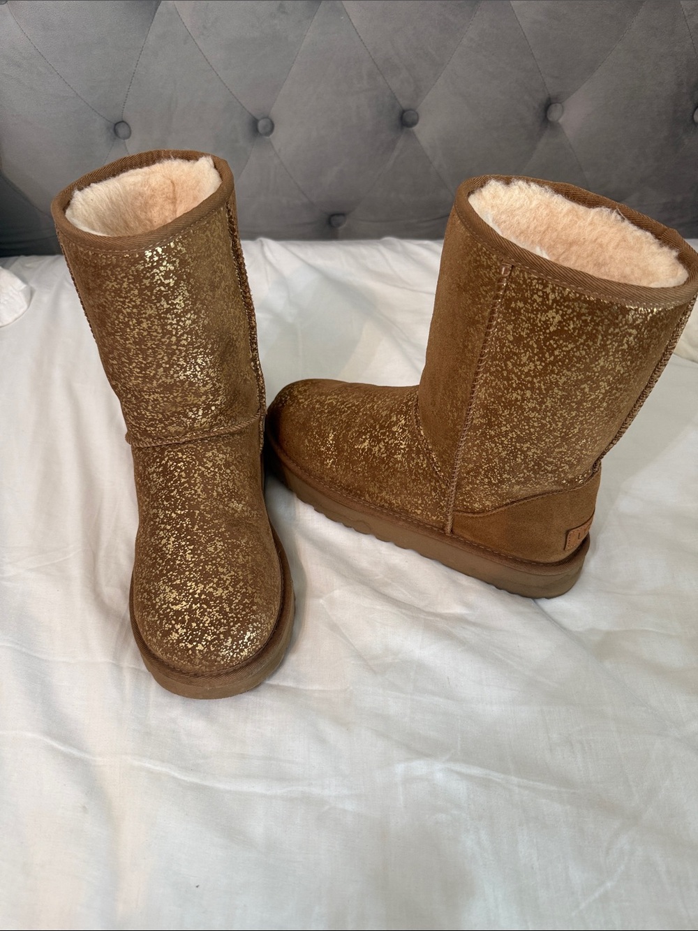 UGG Women’s Brown Glitter Shearling-Lined Classic Short Boots
